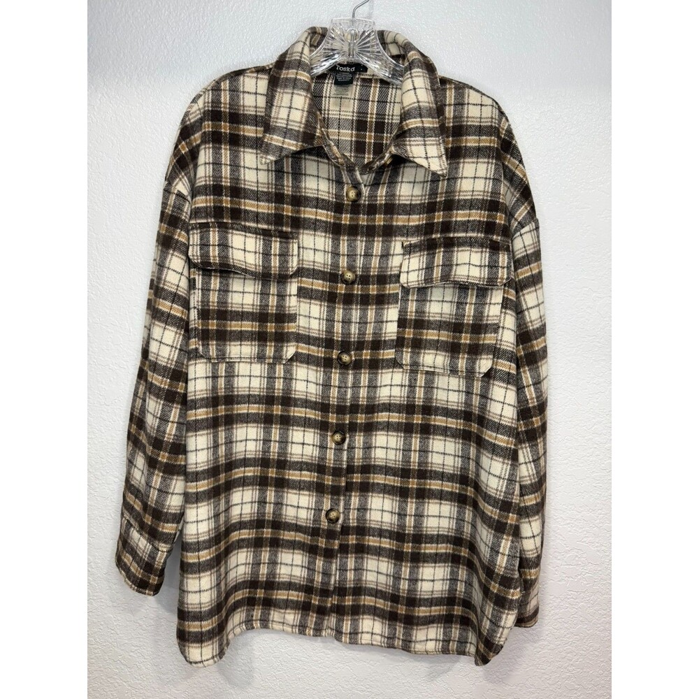 Toska Womens Relaxed Fit Plaid Flannel Shacket Brown Tan Large 415